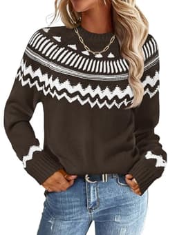 MEROKEETY Women's 2025 Fall Winter Striped Pullover Sweater Trendy Crew Neck Long Sleeve Vintage Color Block Knit Tops, Coffee, Large