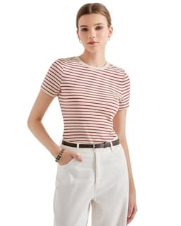 SUUKSESS Women Ribbed Striped Short Sleeve Slim Fit Tops Summer Crew Neck Color Block Going Out T Shirt(Red Stripe L)