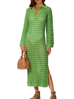 Saodimallsu Womens Crochet Swimsuit Cover Up V Neck Collared Long Sleeve Mesh Knit Long Beach Coverup Maxi Dress Green