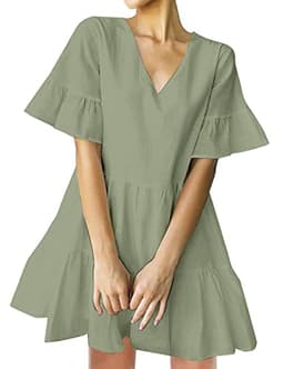 FANCYINN Women Summer Shift Dress with Pockets Bell Sleeve Ruffle Hem V Neck Loose Swing Tunic Mini Dress Celadon L