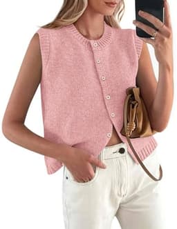PRETTYGARDEN Sweater Vest Women 2025 Spring Summer Casual Lightweight Knit Sleeveless Button Down Tank Tops Trendy Clothes (Pink,Large)