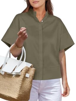 ANRABESS Women Short Sleeve Button Down Cropped Shirts Oversized Boxy Loose Fit Dressy Business Casual Office Work Top Blouse Army Green Large