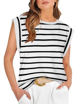 WIHOLL Summer Tops for Women Cap Sleeve Spring Outfits for Women 2025 Fashion Beach Vacation Clothes Womens Tops Black White Striped T Shirts Basic Tee L