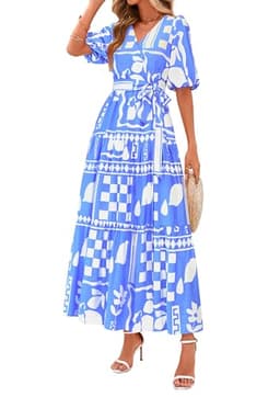 PRETTYGARDEN Women's Summer Maxi Dress 2025 Resort Wear Boho Floral V Neck Puff Short Sleeve Ruffle Flowy Beach Long Dresses(Blue Flower,Large)
