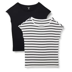 Amazon Essentials Women's Jersey Standard-Fit Short-Sleeve Boat-Neck T-Shirt, Pack of 2, Black/White French Stripe, Large