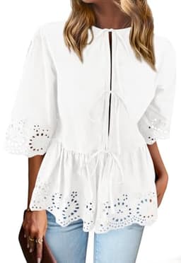 PRETTYGARDEN Tie Front Peplum Tops for Women Summer Y2K Short Sleeve Babydoll Cute Going Out Top Eyelet Blouse Shirt(White,Large)