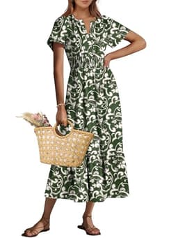 ANRABESS Women's Summer Short Sleeve Maxi Dress 2025 Casual V Neck High Waist A-Line Flowy Loose Tiered Boho Long Dresses Green Note Large