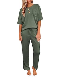 JiniGolla Pj Set for Women Waffle Pajamas Sleepwear Soft Pjs Loungewear Two Piece Short Sleeve Lounge Set Green XL