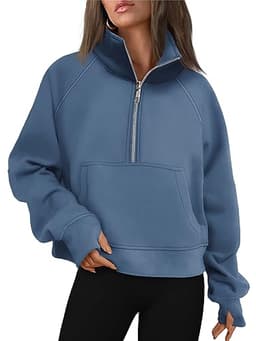 AUTOMET Womens Sweatshirts Half Zip Cropped Pullover Fleece Quarter Zipper Hoodies 2025 Fall Fashion Outfits Clothes Blue Large