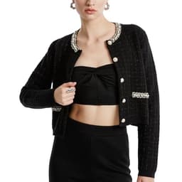 URBAN REVIVO Womens Cropped Cardigan Sweaters Open Front Casual Long Sleeve Knit Pearl Button Down Crew Neck Jacket 2025 Black, XX-Large