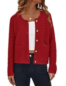 PRETTYGARDEN Women's Knit Cardigan Sweaters Fall Fashion Long Sleeve Open Front Button Down Trendy Casual Sweater Jacket (Red,Large)