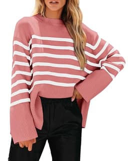 PRETTYGARDEN Women's 2024 Fall Striped Sweater Oversized Long Sleeve Crew Neck Side Slit Casual Trendy Knit Pullover Sweaters (Pink,Large)