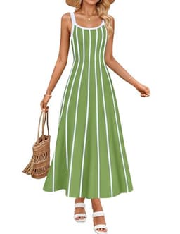 ZESICA Womens 2025 Summer Sleeveless Striped Midi Dresses Casual A Line Swing Knit Long Dress Beach Vacation Clothes,Light Green,Large