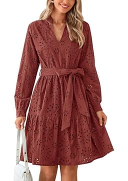 PRETTYGARDEN Women's Long Sleeve Spring Dress 2025 Casual Fall V Neck A Line Hollow Out Eyelet Wedding Guest Short Dresses (Brown Red,Large)