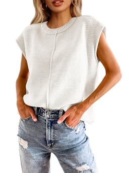 Saodimallsu Womens Summer Cap Sleeve Tops Casual Crew Neck Loose Fit Knit Lightweight Sweater Pullover Top White