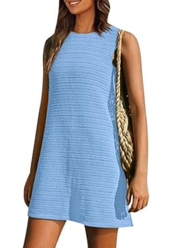 PRETTYGARDEN Women's Crochet Coverups 2025 Summer Resort Swimwear Bathing Suit Knit Cover Up Dress Beach Vacation Clothes (Light Blue,Large)