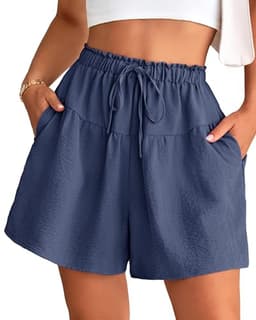 PRETTYGARDEN Womens Shorts 2025 Summer Drawstring Ruffle Elastic High Waist Solid Color Casual Beach Shorts with Pockets(Grey Blue,X-Large)
