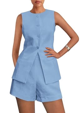 PRETTYGARDEN Women's 2 Piece Sets 2025 Summer Trendy Button Down Suit Vest Tops High Waisted Shorts Business Casual Outfits (Light Blue,Large)