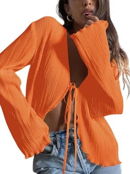 ZAFUL Women's Deep V Neck Tie Front Top Long Sleeve Plisse Pleated Blouse Shirt Top