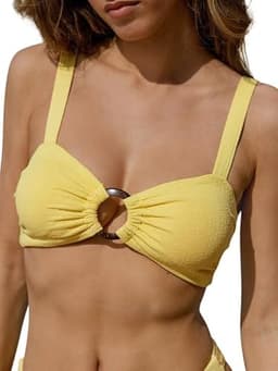 BERLOOK Women's Floral Ruched Floral Cutout Smocked Ring Bathing Bikini Top Yellow