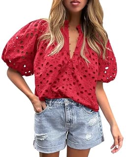 PRETTYGARDEN Women's Summer Tops 2025 Dressy Casual Short Sleeve V Neck Buttons Hollow Out Lace Embroidered Blouses Shirts (Red,Large)