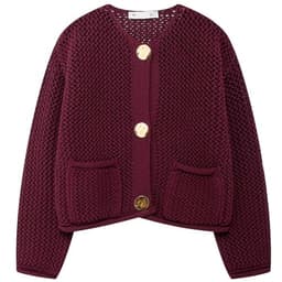 Wyeysyt Womens Cropped Cardigan Sweaters Chunky Knit Gold Button Down Open Front Cardigan Long Sleeve Cropp Crochet Sweaters(DarkRed-L)