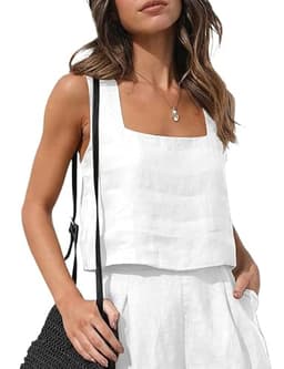 Square Neck Tank Top Women 2025 Summer Clothes Sleeveless Shirt Blouse Cute Loose Fit Cotton Linen Tops for Women,White,L