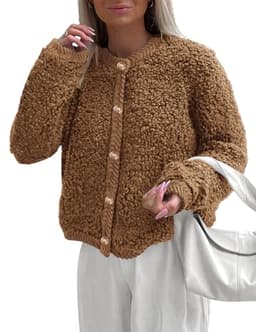 PRETTYGARDEN Women's Faux Fur Shearling Coat Fuzzy Fleece Button Up Trendy Fall Winter Cropped Jackets Outerwear (Brown,Large)