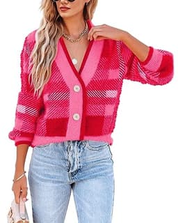 Imily Bela Women's Plaid Fuzzy Knit Christmas V Neck Button Down Long Sleeve Cozy Cardigans Pullover Sweaters Top Rose Red