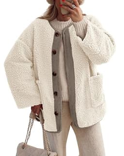 PRETTYGARDEN Women's Warm Winter Coats Casual Long Sleeve Button up Fuzzy Sherpa Fleece Jackets Outerwear (Beige,Medium)
