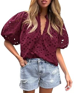 PRETTYGARDEN Women's Summer Tops 2025 Dressy Casual Short Sleeve V Neck Buttons Hollow Out Lace Embroidered Blouses Shirts (Wine Red,Large)