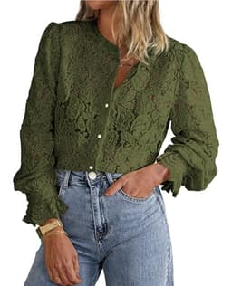 PRETTYGARDEN Women's Dressy Casual Lace Blouse Long Sleeve Button Up Shirts Tops Spring Fall Fashion Clothes (Army Green,Small)