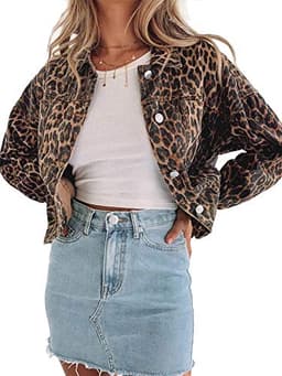 Jean Jacket Women Leopard Print Retro Shape Denim Bomber Jacket (L, Leopard print denim jacket)