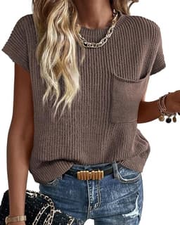 KIRUNDO Summer Short Sleeve Sweater for Women 2025 Casual Sweater Vest Cotton Knit Pullover Tank Tops Spring Fashion Clothing(Light Coffee, Large)