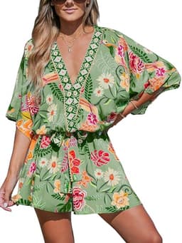 CUPSHE Women's Summer Dresses 2025 V Neck Casual Mini Floral Half Dolman Sleeves Belted Loose Fit Short Beach Dress Grass Green, L
