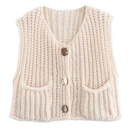 Hixiaohe Womens Crochet Chunky Knit Top Sleeveless Button Down Crop Tops Trendy Cardigan Sweater Vest for Women with Pockets(Beige,S)