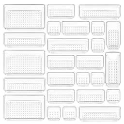 Vtopmart 25 PCS Clear Plastic Drawer Organizers Set, 4-Size Versatile Bathroom and Vanity Drawer Organizer Trays, Storage Bins for Makeup, Bedroom, Kitchen Gadgets Utensils and Office