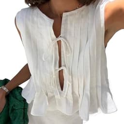 Linen Bow Tie Front Tank Top Women Coquette Pleated Peplum Blouse Y2K Babydoll Ruffle Shirt Sleeveless Tunic Outfits (White,Large)
