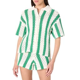 The Drop Women’s Tatum Crochet Splitneck Polo Top, Emerald Stripe, L