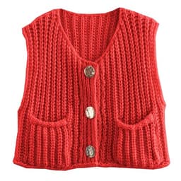 Hixiaohe Womens Crochet Chunky Knit Top Sleeveless Button Down Crop Tops Trendy Cardigan Sweater Vest for Women with Pockets(Red,XS)