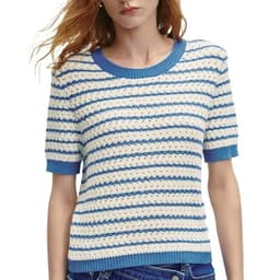 URBAN REVIVO Women's Short Sleeve Sweaters Crewneck Knit Tops Casual Striped 2025 Trendy Soft Summer Blouses Blue, X-Large