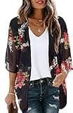 Women's Floral Print Puff Sleeve Kimono Cardigan Loose Cover Up Casual Blouse 