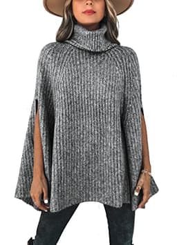 KIRUNDO Women's 2025 Fall Winter Turtleneck Poncho Sweater Fashion Chunky Knit Cape Wrap Sweaters Pullover Jumper Tops(Grey, Large)