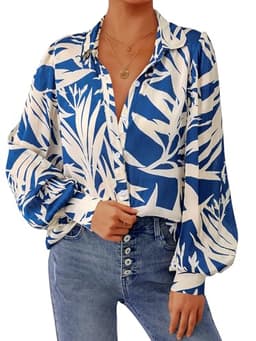 PRETTYGARDEN Women's Floral Blouses Dressy Casual V Neck Button Down Shirts Lantern Long Sleeve Boho Chiffon Spring Tops 2025(Blue White,L)