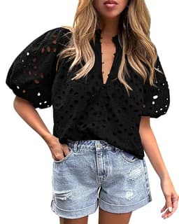 PRETTYGARDEN Women's Summer Tops 2025 Dressy Casual Short Sleeve V Neck Buttons Hollow Out Lace Embroidered Blouses Shirts (Black,Large)