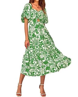 BTFBM Women Summer Dresses 2025 Casual Flowy Beach Square Neck Puff Short Sleeve Smocked Back Boho Floral Long Maxi Dress(Print Grass Green, Large)