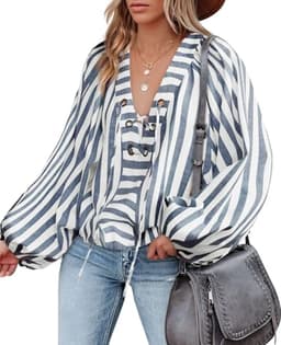 Tankaneo Womens Long Lantern Sleeve Blouses Loose Fit Striped Shirts Casual Lace Up V Neck Tops Light Blue